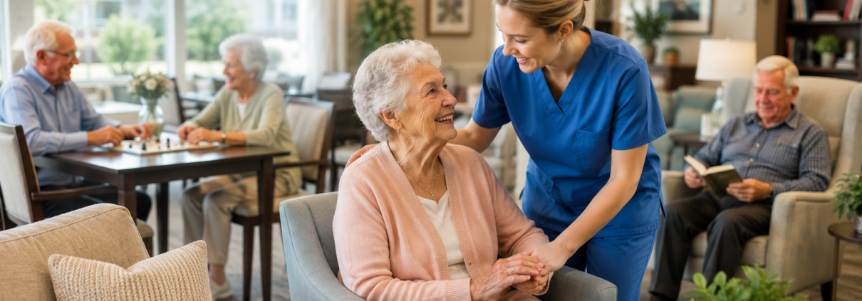 Elderly women receiving help from an assisted living aid.