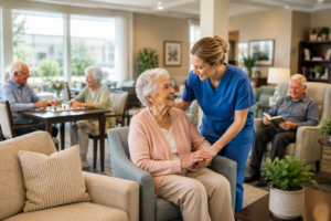 Elderly women receiving help from an assisted living aid.