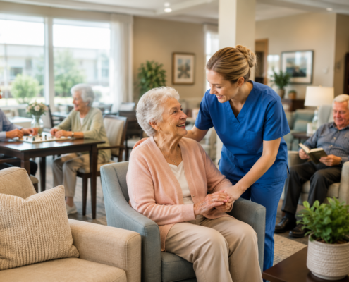 Elderly women receiving help from an assisted living aid.