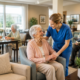 Elderly women receiving help from an assisted living aid.